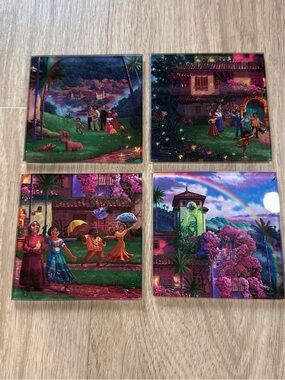 Set of 4 colorful illustrated coasters with vibrant rainbow and floral scenes